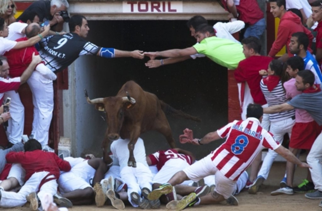In einer Rekordzeit, aber auch mit vielen Verletzten, hat das umstrittene Stiertreiben in Pamplona am Dienstag ein Ende genommen. Foto: EFE