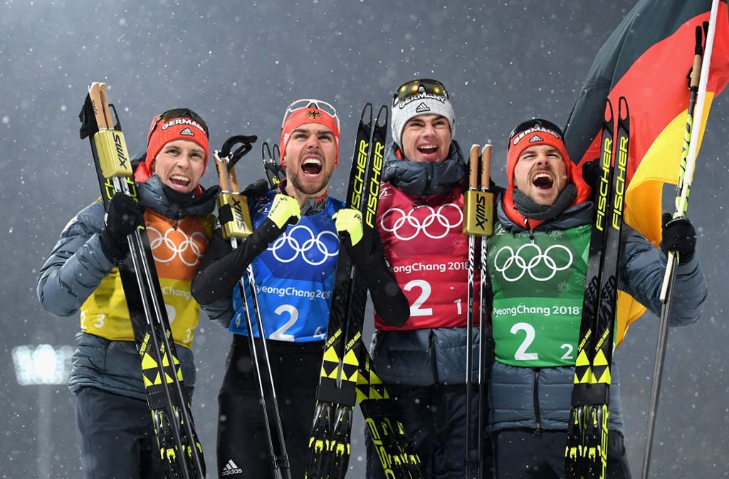 Gold für die Nordischen Kombinierer bei Olympia 2018: Eric Frenzel, Johannes Rydzek, Vinzenz Geiger und Fabian Rießle (v.l.n.r.) Foto: Getty Images AsiaPac