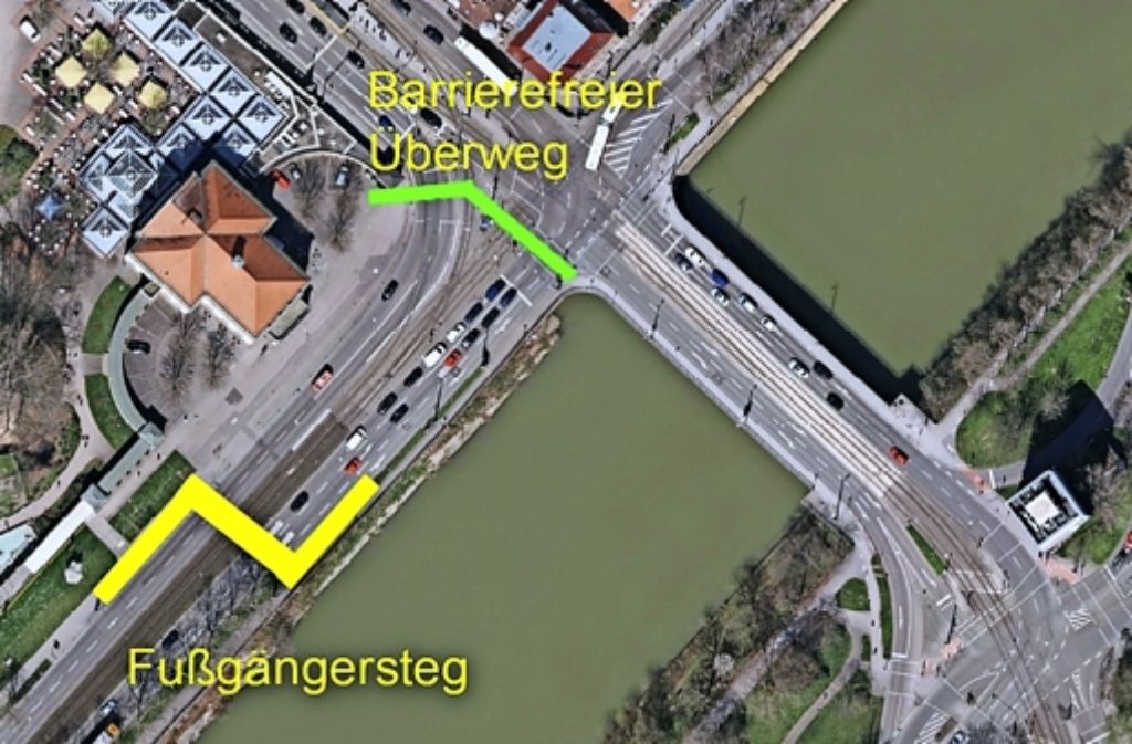Da der neue Fußgängersteg nicht barrierefrei ist, soll auch der Ampelüberweg an der Rosensteinbrücke erhalten bleiben. Foto: Stadtmessungsamt