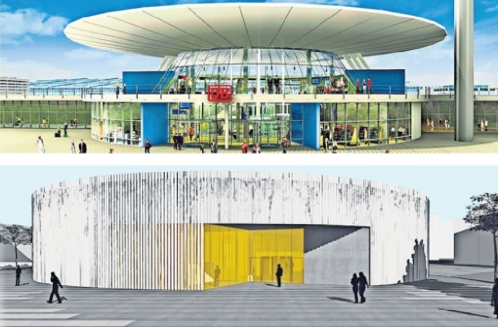 Gurkenscheibe (unten) statt Pilz: Der Bahnhof am Flughafen erhält ein neues Gesicht. Foto: Bahn