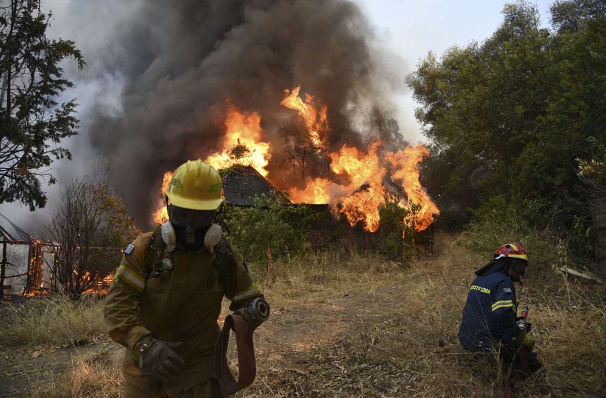 Feuerwehrleute sind im Einsatz während eines Waldbrands.