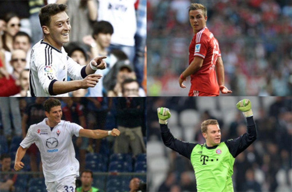Mesut Özil (links oben), Mario Götze (rechts oben), Mario Gomez (links unten), Manuel Neuer (rechts unten) & Co. - in unserer Bildergalerie zeigen wir die zehn teuersten Transfers deutscher Fußball-Profis. Klicken Sie sich durch! Foto: dpa (Montage: SIR)
