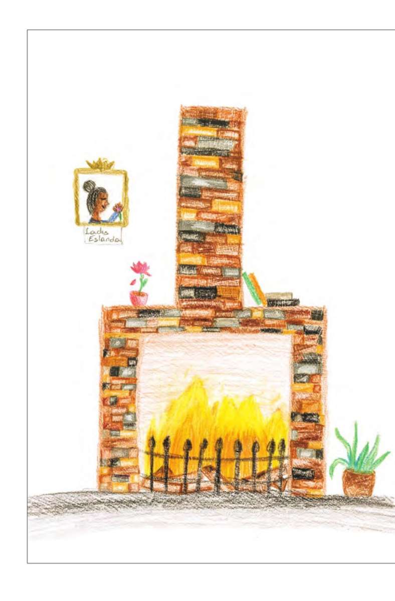 Fred lümmelt vor dem Kamin herum – und bekommt nicht mit, was im kalten Winter in seinem Königreich los ist. Carmen Schönfelder, 12 Jahre, aus Korneuburg hat das gemütliche Feuer gemalt.
