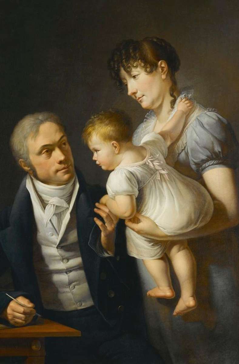 1809 hat Johann Baptist Seele (1774-1814) die Familie von Dr. Klein porträtiert, einem angesehenen Stuttgarter Arzt. So seriös der Herr Doktor wirkt, die Nähe zu seiner Frau Friederike Henriette und Töchterchen Lotte wird doch spürbar.