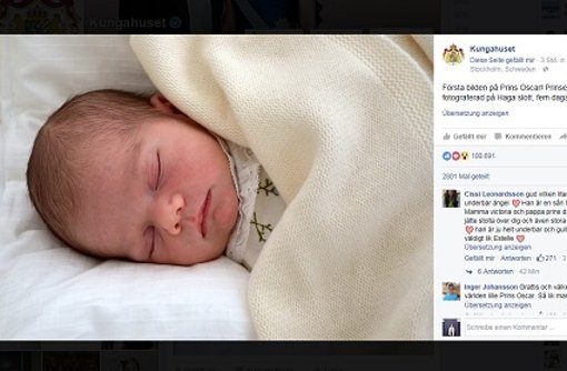 Nur fünf Tage nach seiner Geburt hat das schwedische Königshaus nun ein erstes Foto vom kleinen Prinzen Oscar veröffentlicht. Foto: Screenshot/Kungahuset