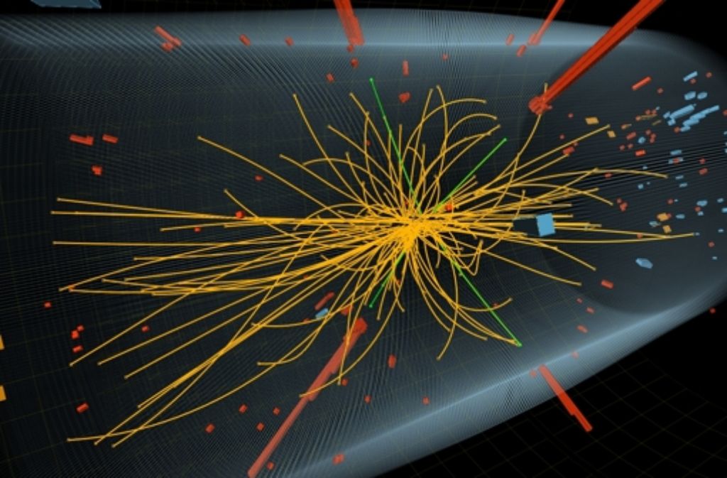 Die Teilchenkollisionen ergeben bunte Bilder, in denen die Flugbahnen der Bruchstücke dargestellt werden. In diesem Bild aus dem Detektor CMS haben die Physiker Hinweise auf das Higgs-Teilchen entdeckt. Foto: Cern