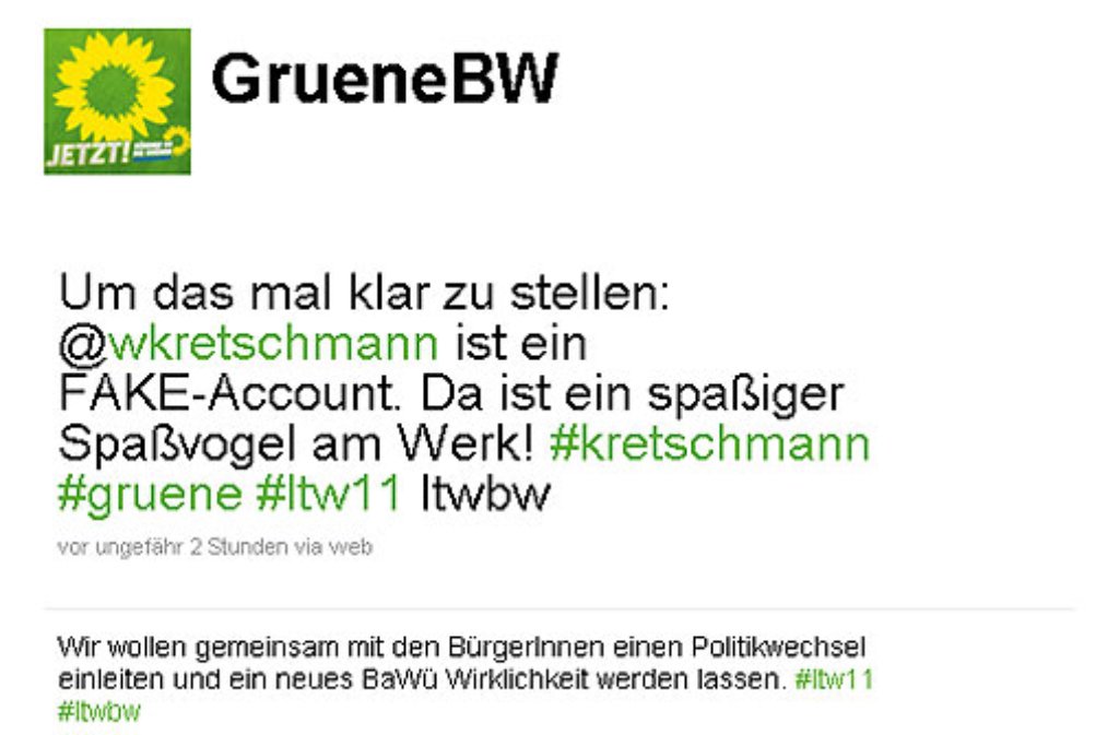 Auf ihrem Twitter-Account stellen die Landes-Grünen klar, dass es sich bei dem Twitterer "wkretschmann" nicht um den Echten handelt.