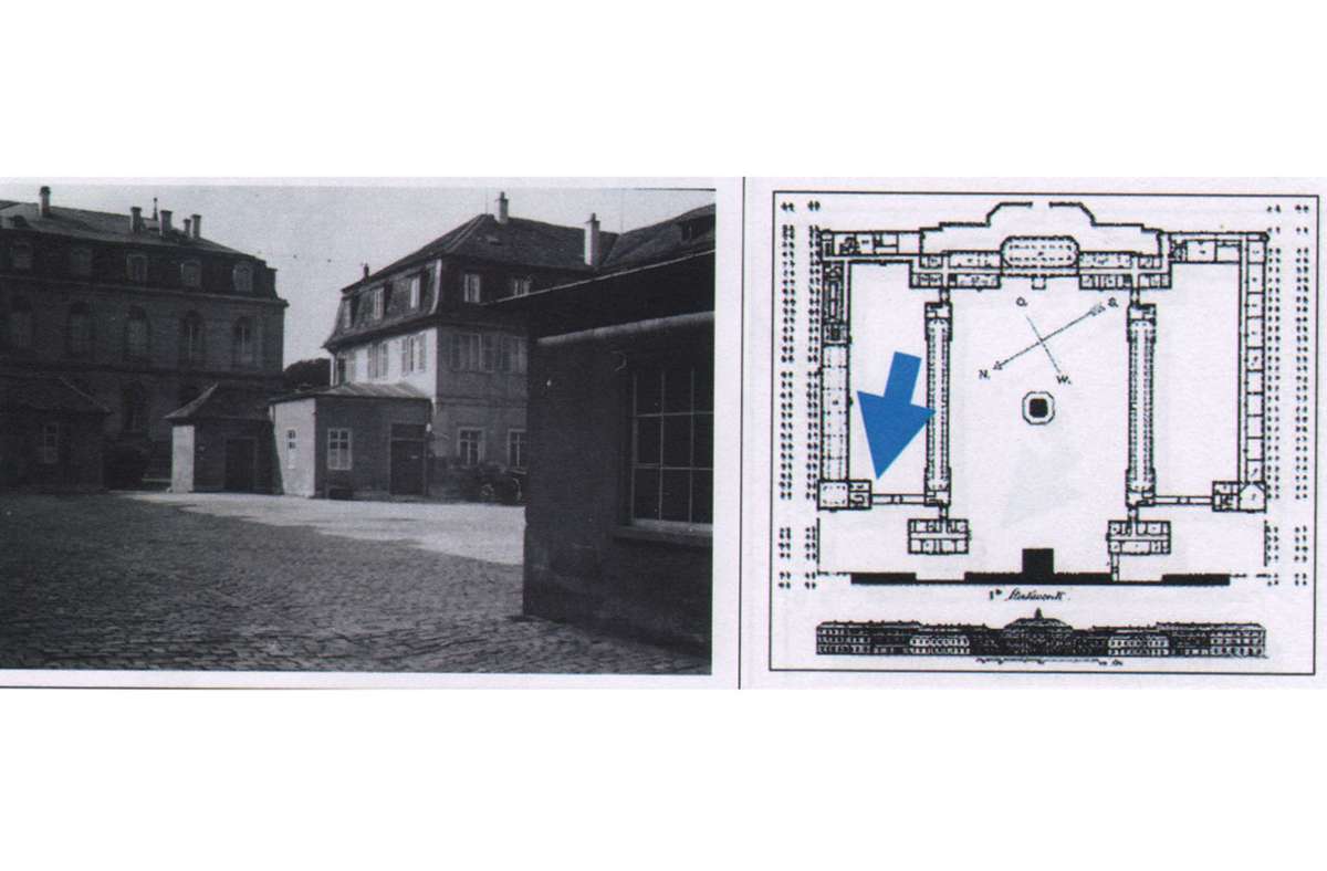 Der Pavillon von hinten, links das Neue Schloss. Anders als bei vielen Stuttgart-1942-Fotos sieht man in dem Polizeikomplex kaum Menschen.