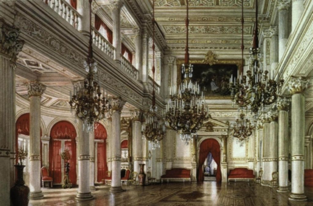 Die Pracht der Villa Berg war im Innern überwältigend: Diese Zeichnung zeigt den großen Ballsaal.