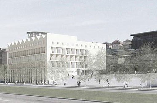 Das Bibliotheksgebäude von Lederer Ragnarsdottir Oei soll direkt an der Konrad-Adenauer-Straße stehen. Foto: Visualisierung: Aldinger & Wolf