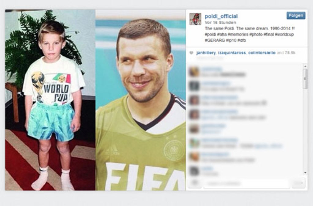 "Derselbe Poldi. Der gleiche Traum. 1990 - 2014" Lukas Podolski fungiert bei der Fußball-WM in Brasilien als fleißigster Öffentlichkeitsarbeiter des DFB-Teams.