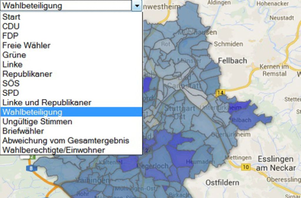 Der Wahlatlas Stuttgart wertet die Ergebnisse der Kommunalwahl 2009 nach Stadtteilen aus. Dadurch werden sehr detaillierte und teilweise sehr überraschende Einblicke in das Wählerverhalten möglich. Zum Beispiel ... Foto: Screenshot