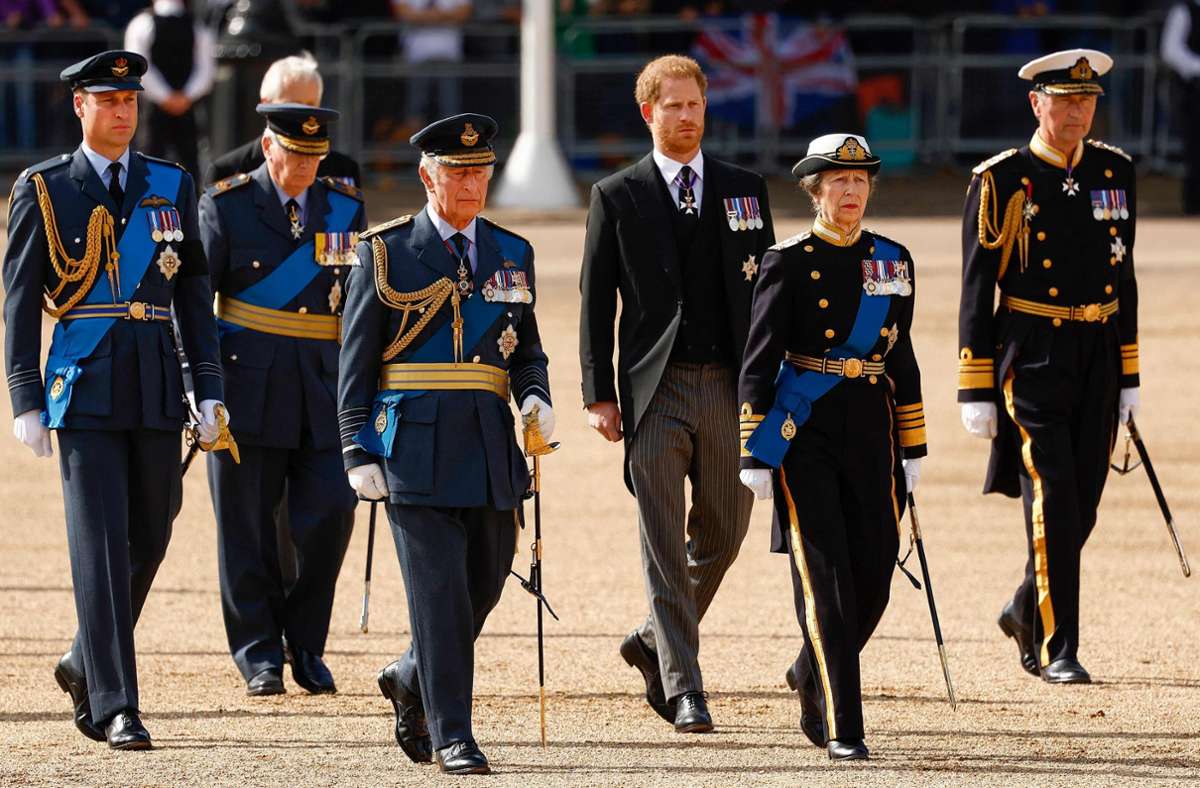 Außerdem schritten Prinz William, Prinz Harry, Peter Phillips, der Duke of Gloucester und der Earl of Snowdon bei der Prozession mit.
