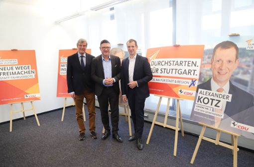 Der Spitzenkandidat der Stuttgarter CDU für die Regionalwahl ist Regionalpräsident Thomas Bopp (links), daneben Kreisvorsitzender Stefan Kaufmann und Gemeinderatsfraktionschef Alexander Kotz (rechts). Foto: CDU