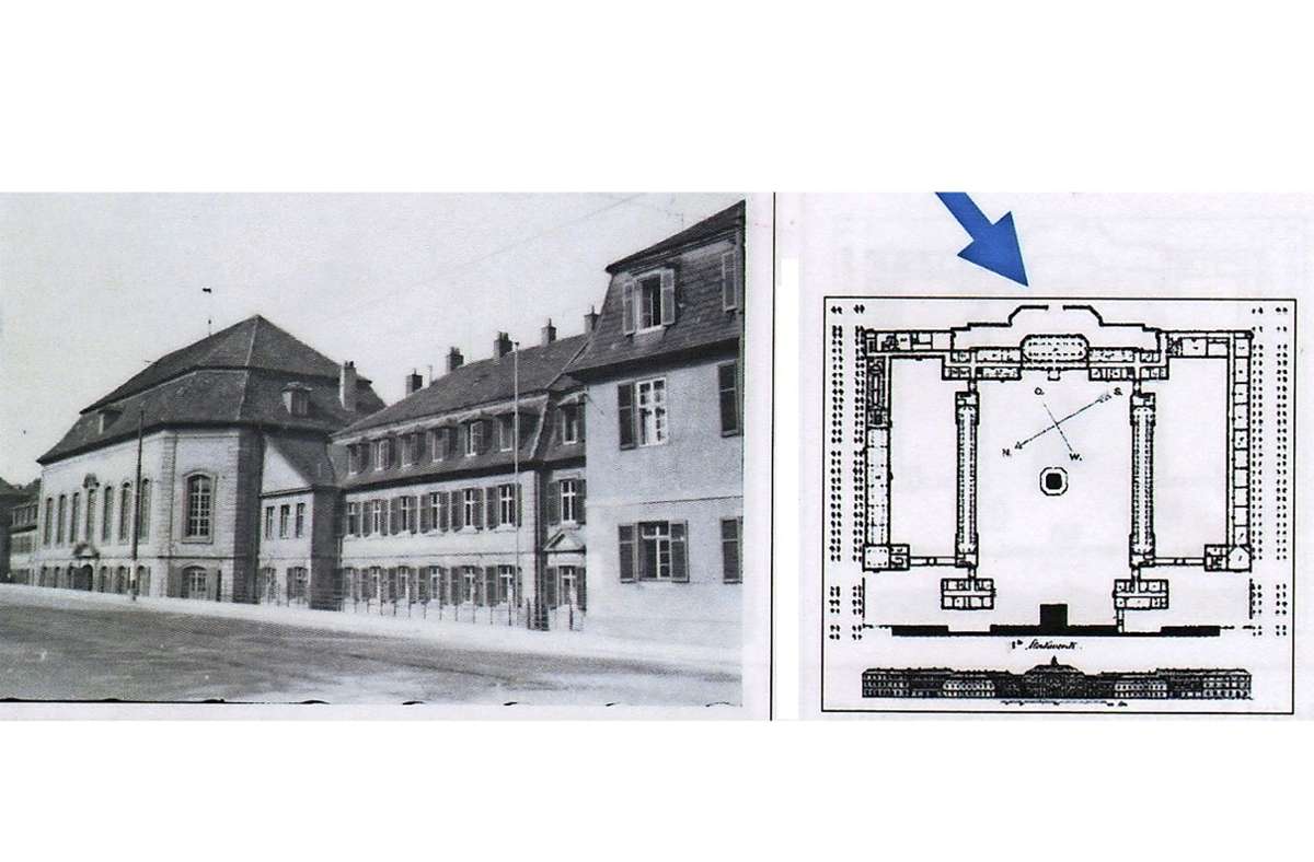 Links ist das Hauptgebäude zu sehen, die Garnisonskirche. Ursprünglich beherbergte der Bau den großen Festsaal, in dem der Erbauer Carl Eugen täglich die Schüler der Hohen Carlsschule antreten ließ, sie lobte oder bestrafte. Erst König Friedrich machte es zur Kirche.
