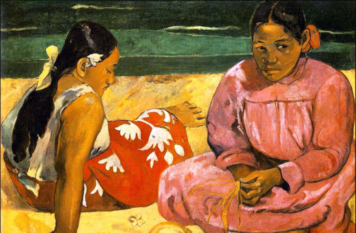 In der Südsee sucht Gauguin das irdische Paradies, das Bild „Tahitianische Frauen am Strand“ entsteht 1891.