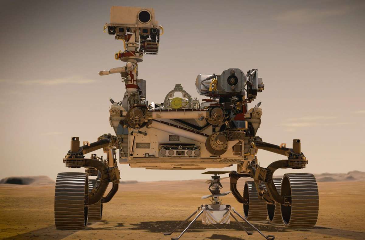 Diese Darstellung zeigt den Nasa-Rover „Perseverance“ auf der Marsoberfläche im Einsatz.