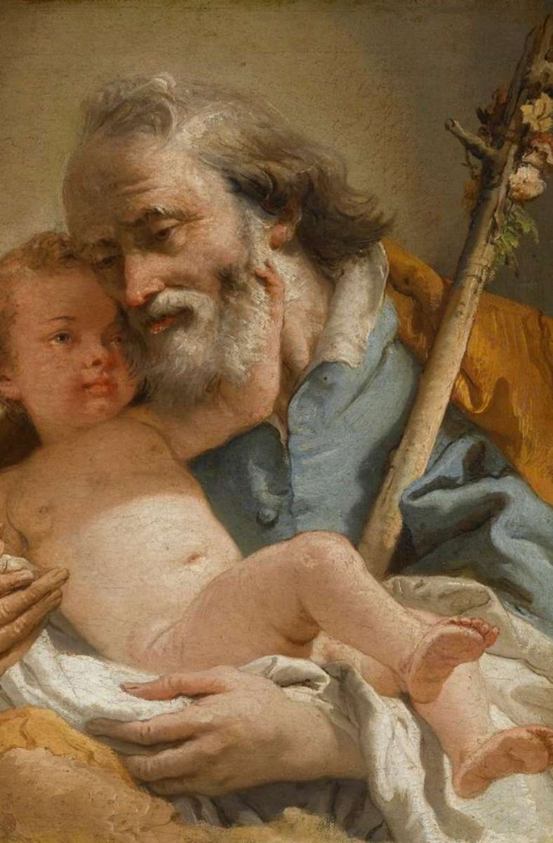 . . . auf einem Gemälde von Giovanni Domenico Tiepolo (1727-1804). Der blühende Stab signalisiert, dass hier nicht irgendein Vater mit seinem Sohn zu sehen ist, sondern der Heilige Joseph mit dem Jesuskind (nach 1770).