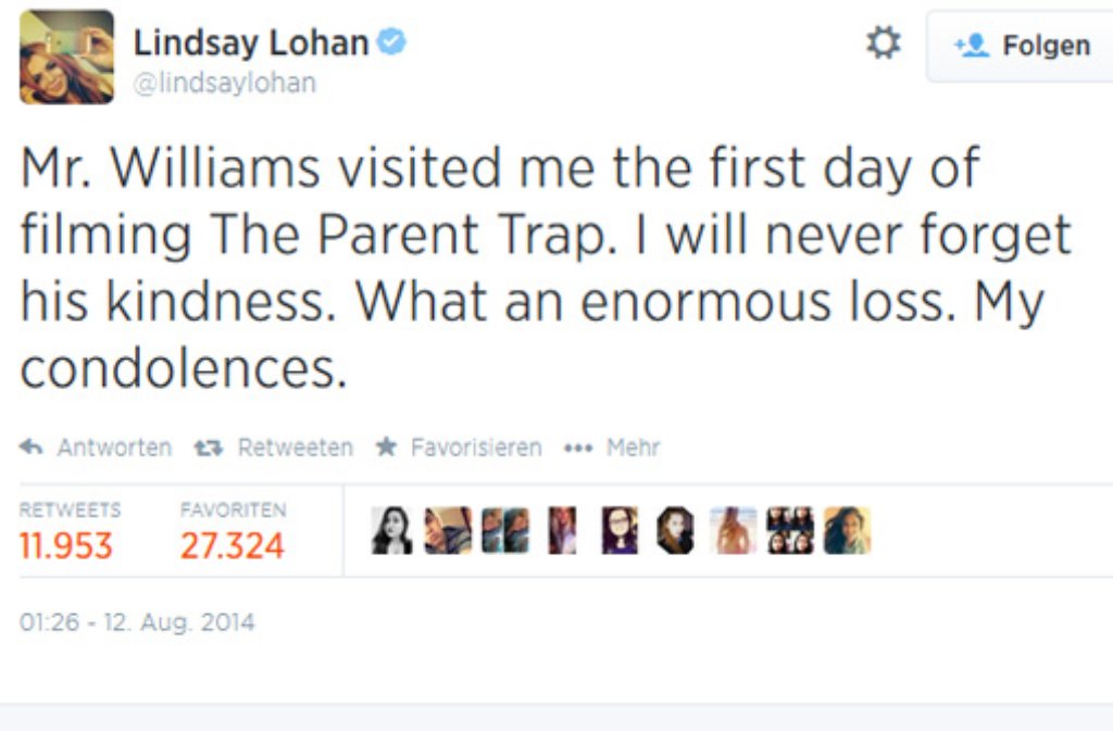 "Ich werde nie seine Liebenswürdigkeit vergessen. Welch enormer Verlust", twitterte Schauspielerin Lindsay Lohan