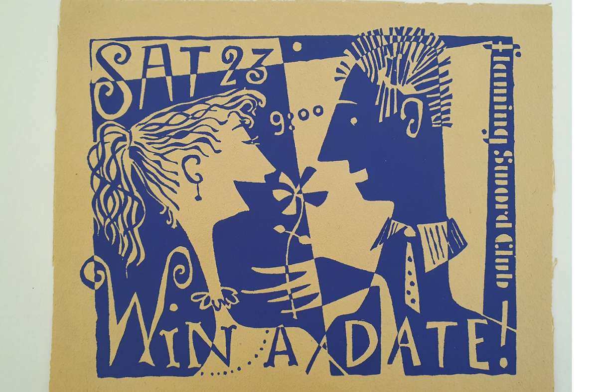 „Win a Date“, um 1955, Siebdruck in Blau, Kurpfälzisches Museum Heidelberg