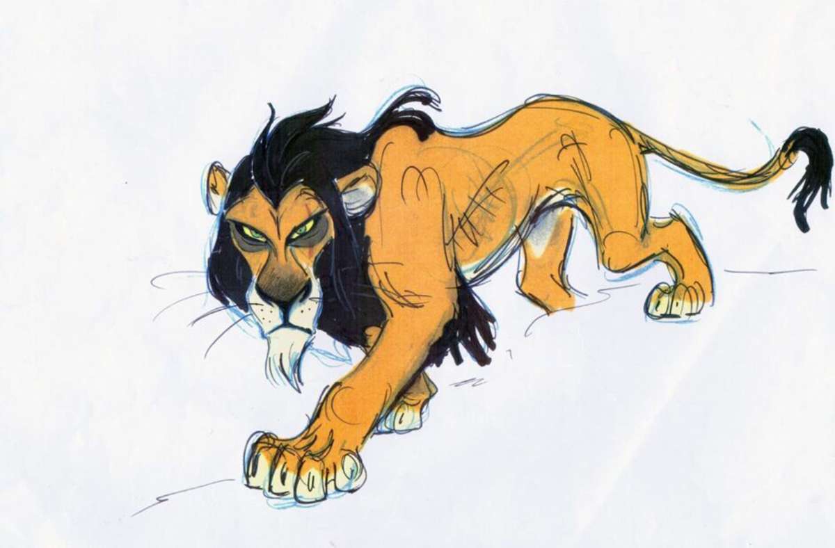 Der Löwe Scar, wie Andreas Deja ihn für den Disney-Film „König der Löwen“ gezeichnet hat.