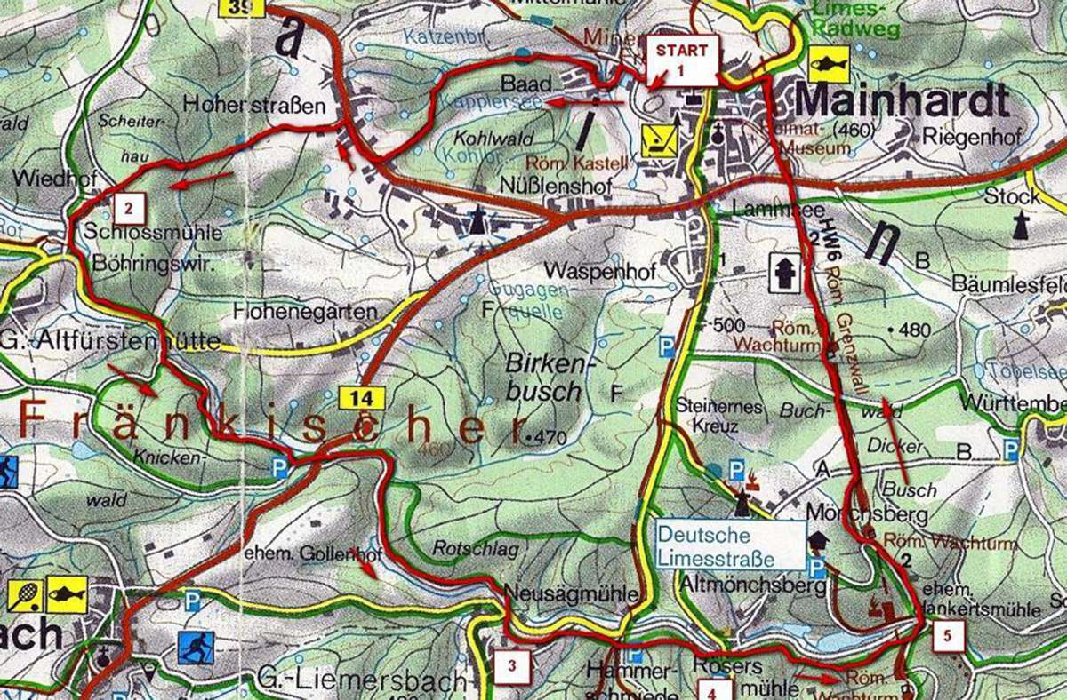 Auf dieser Wandertour geht es ins Tal der Rot, nach Liemersbach, dann zu drei Mühlen – Neusägmühle, Hammerschmiede und zur Rösersmühle . Zum Kleinkastell Hankertsmühle, zu Resten des Limes und zurück nach Mainhardt.