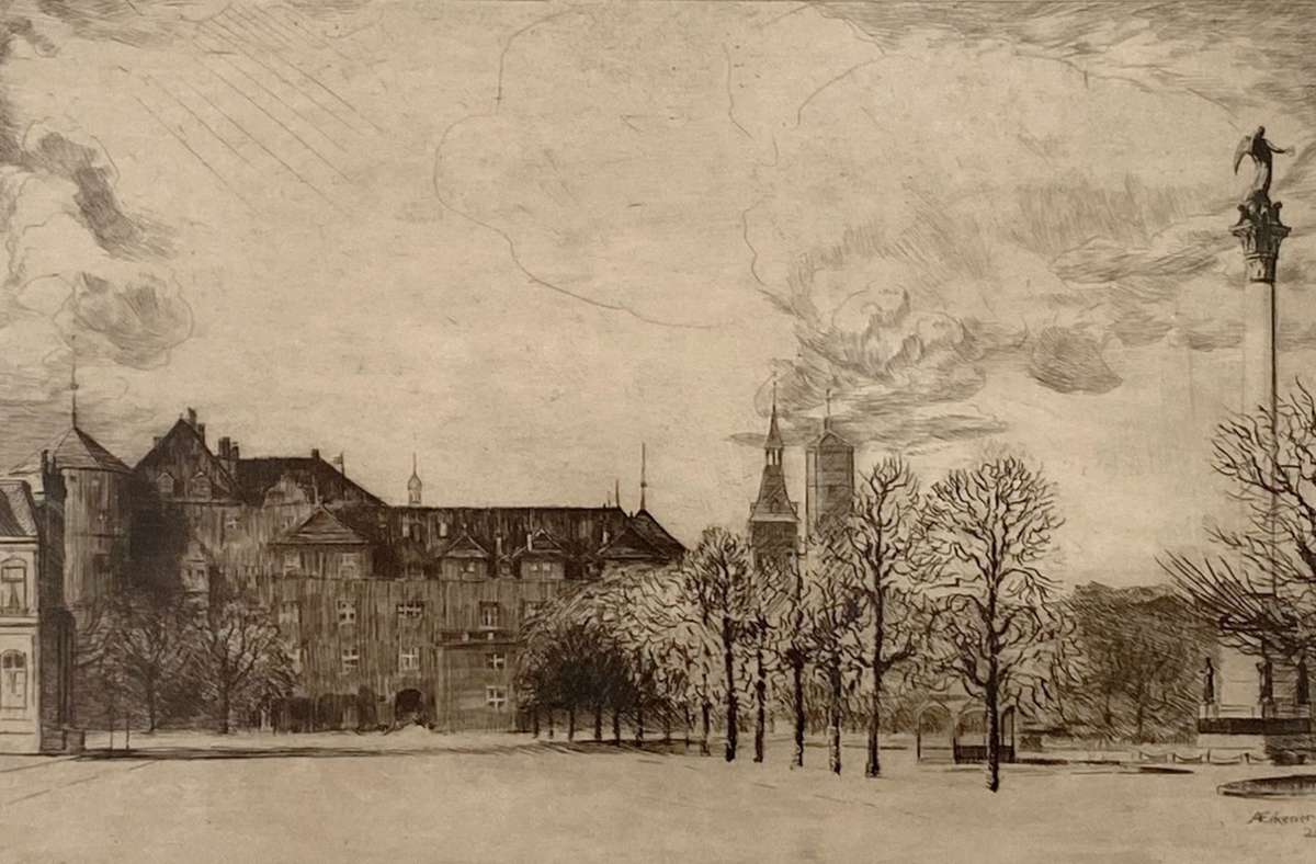 Diese Radierung von Alexander Eckener zeigt den Schlossplatz und die Jubiläumssäule.