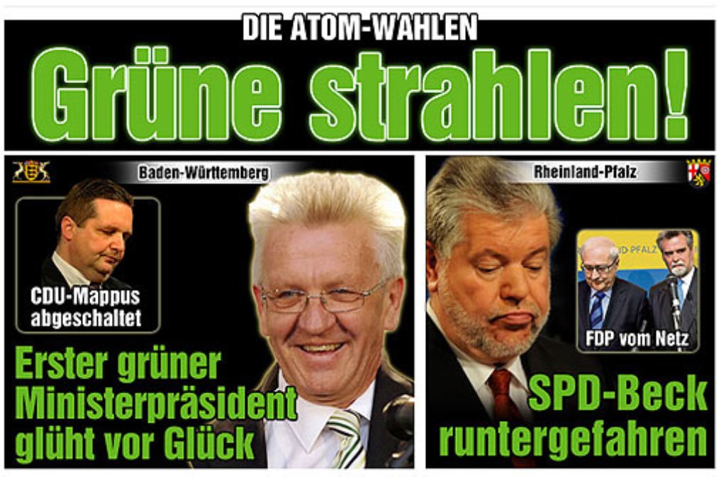 An den Grenzen des guten Geschmacks schrammt einmal mehr Bild.de entlang: "Die Atom-Wahlen: Grüne strahlen!" titelt die Online-Ausgabe. Während der erste grüne Ministerpräsident vor Glück glühe, sei "CDU-Mappus abgeschaltet".