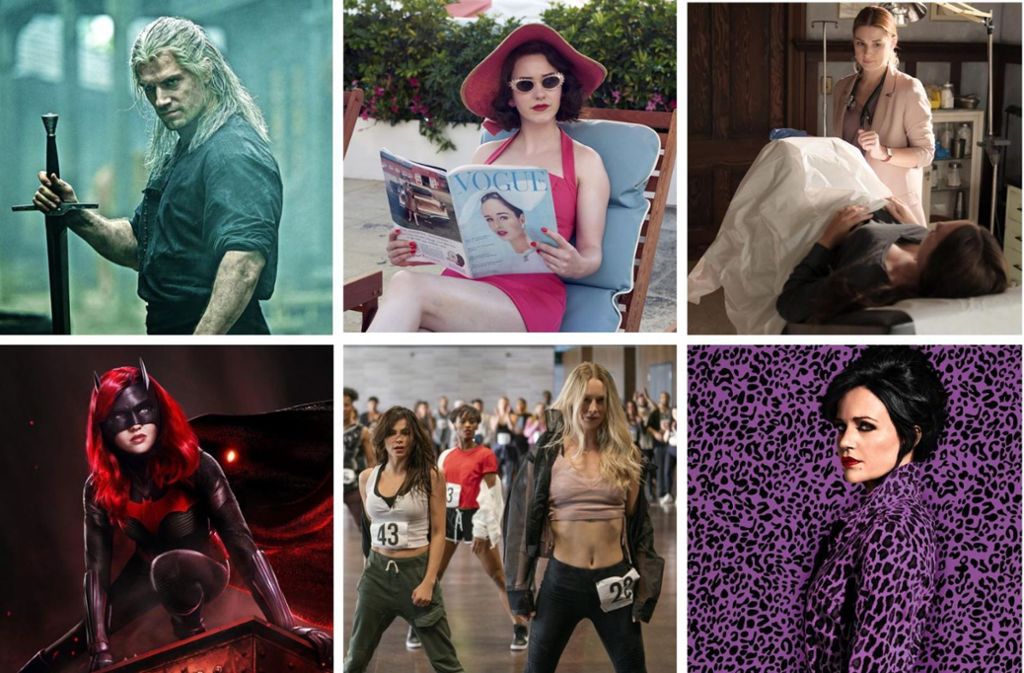 Helden- und Heldinnengeschichten der etwas anderen Art: „The Witcher“, „The Marvelous Mrs. Maisel“, „Virgin River“, „Jett“, „Soundtrack“, „Batwoman“ (von links oben im Uhrzeigersinn) Foto: Netflix