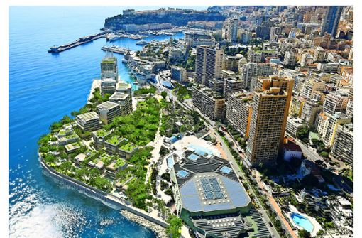 Die Visualisierung zeigt, wie die  künstliche Halbinsel im Meer vor Monacos Küste aussehen soll. Das Bauprojekt wird mehr als zwei Milliarden Euro kosten. Foto: L’Anse du Portier /Valode et Pistre