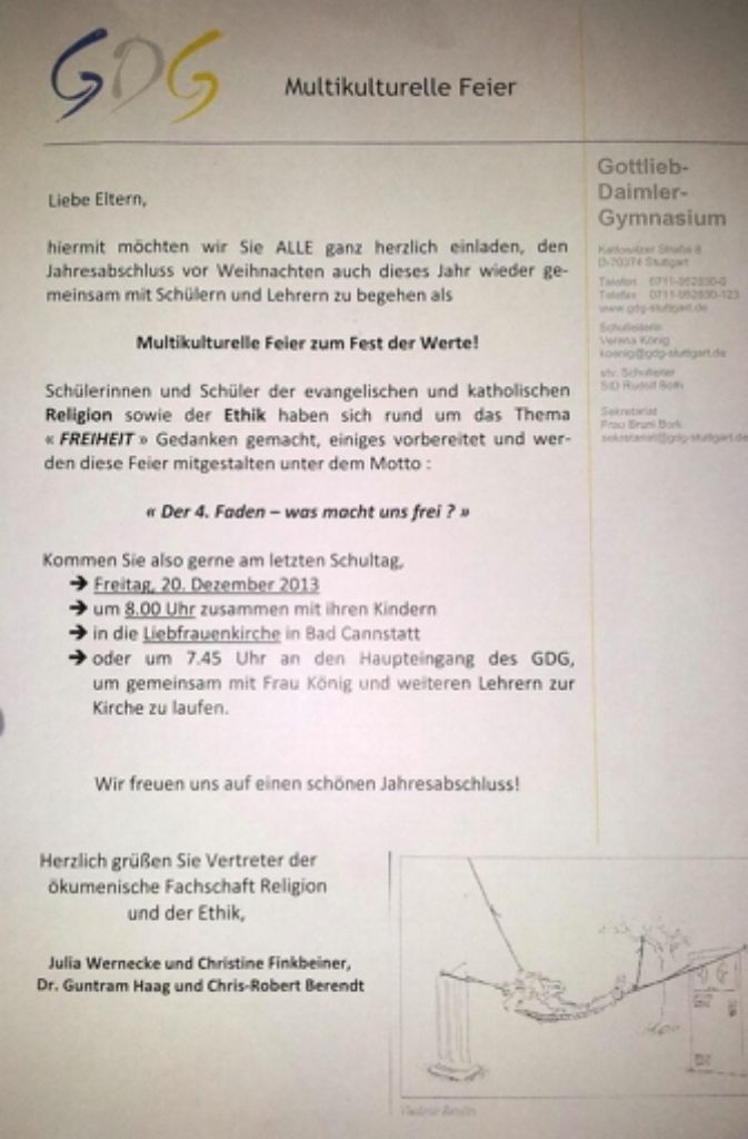 Mit diesem Schreiben lud die Gottlieb-Daimler-Schule zu einer „multikulturellen Feier“ ein. Das Foto wurde auf ...