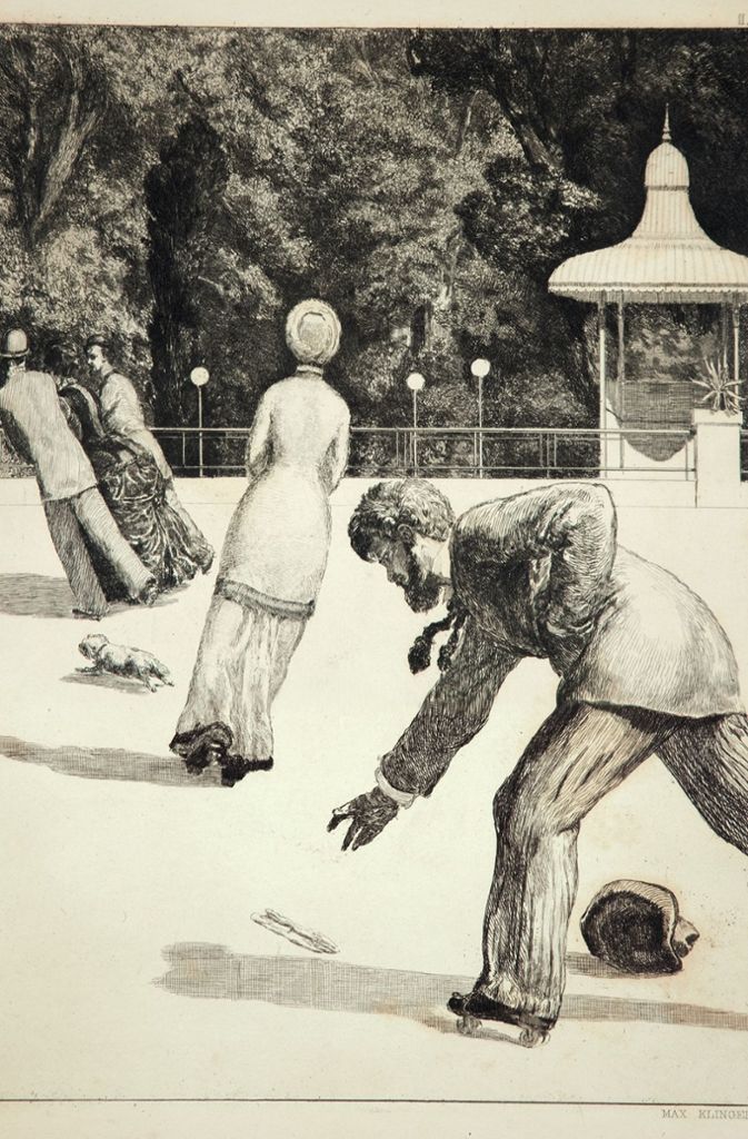 Blatt 2 aus „Ein Handschuh“ zeigt eine reale Szene: Max Klinger findet den verlorenen Handschuh einer jungen Dame, in die er sich – unglücklich – verliebte.