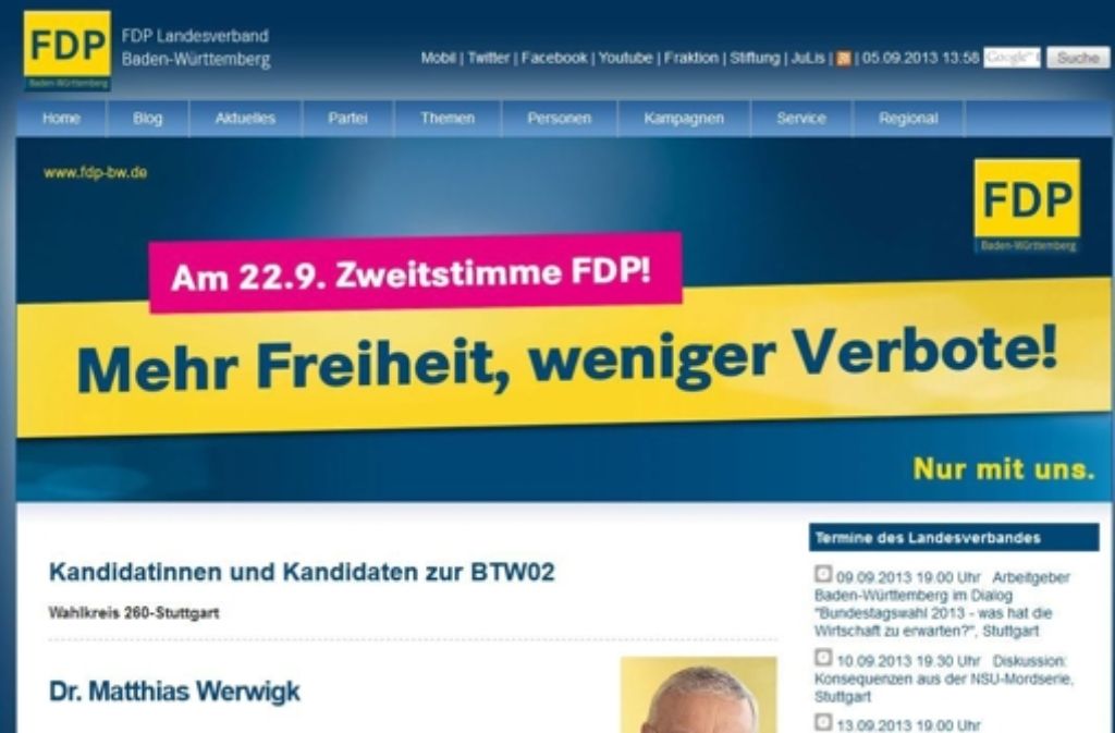 Dr. Matthias Werwigk (FDP) hat weder eine eigene Homepage, noch einen öffentlichen Facebook-Account, noch twittert er. Er wird auf der Kandidatenseite der FDP Baden-Württemberg knapp vorgestellt. Immerhin sind Kontaktdaten angegeben. Werwigk kandidiert für den Wahlkreis Stuttgart II.