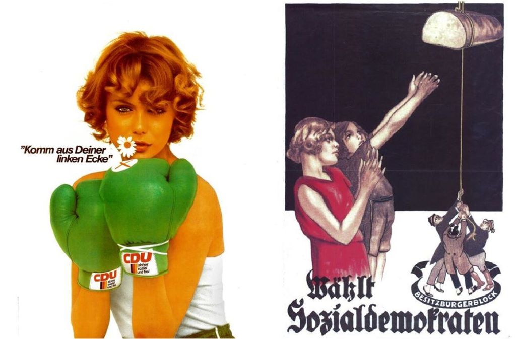 Die CDU  stellt sich die ideale  Frau  1977 kampflustig, aber  auch sexy vor, während die Sozialdemokraten fünfzig Jahre früher die moderne Frau mit Bubikopf im Blick hatte. Foto: Adrenauer-Stiftung, Ebert-Stiftung