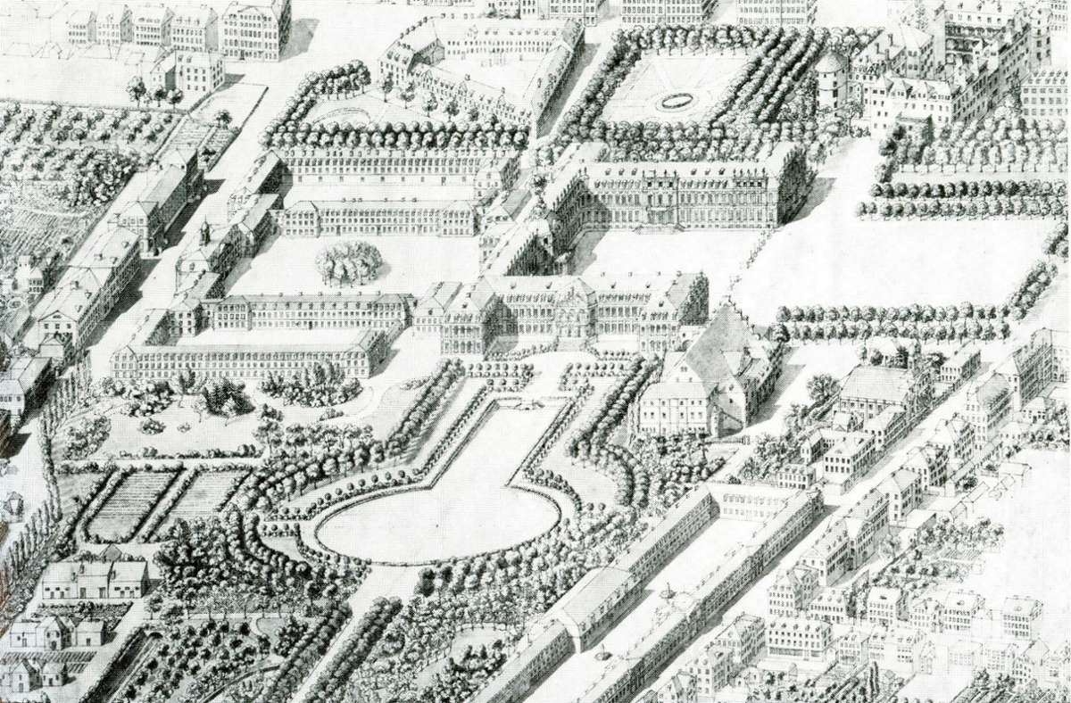 Hier sieht man das Residenzviertel Stuttgart mit dem neuen Schloss in der Mitte und der Hohen Carlsschule (links daneben) in einer Federzeichnung von Nikolaus Friedrich von Thouret von etwa 1825. Da war die 1794 aufgelöste Akademie allerdings längst schon wieder Geschichte.