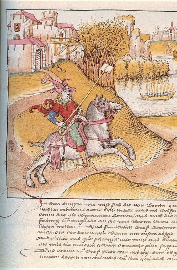 Fehde-Ansage: Ein Bote des Grafen von Valengin übergibt im frühen 16. Jahrhundert den Fehde-Brief an gegnerische Ritter.