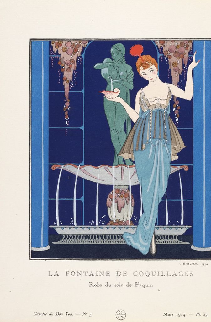 Die Illustration „Der Muschelbrunnen“ hat George Barbier 1914 angefertigt. Abgedruckt wurde sie im Magazin „La Gazette du Bon Ton“.