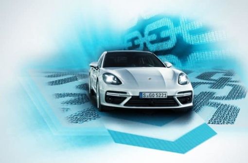 Ein Panamera an der Blockchain-Datenkette - so will Porsche das abstrakte Thema verbildlichen. Foto: Porsche