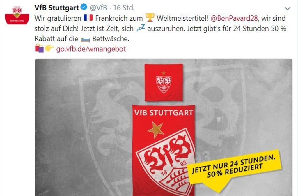 Diese Bettwäsche-Rabattaktion auf Twitter direkt nach dem WM-Finale sorgt bei einigen Fans für Verstimmungen – unberechtigterweise, wie der VfB erklärt.