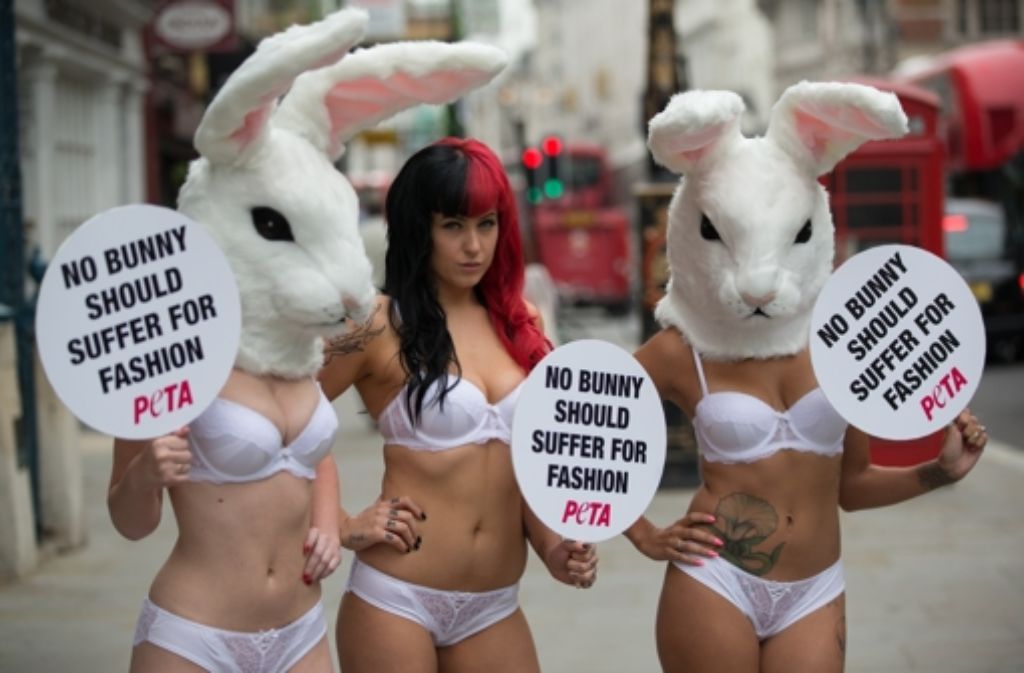 Im Vorfeld der London Fashion Week hatte es vor dem Somerset House in London eine Demonstration gegeben. Nur mit weißer Unterwäsche und einem Hasenkopf bekleidet protestierten Tierschützer der Gruppe Peta gegen die Nutzung von Kaninchenfell bei der Kleiderherstellung.