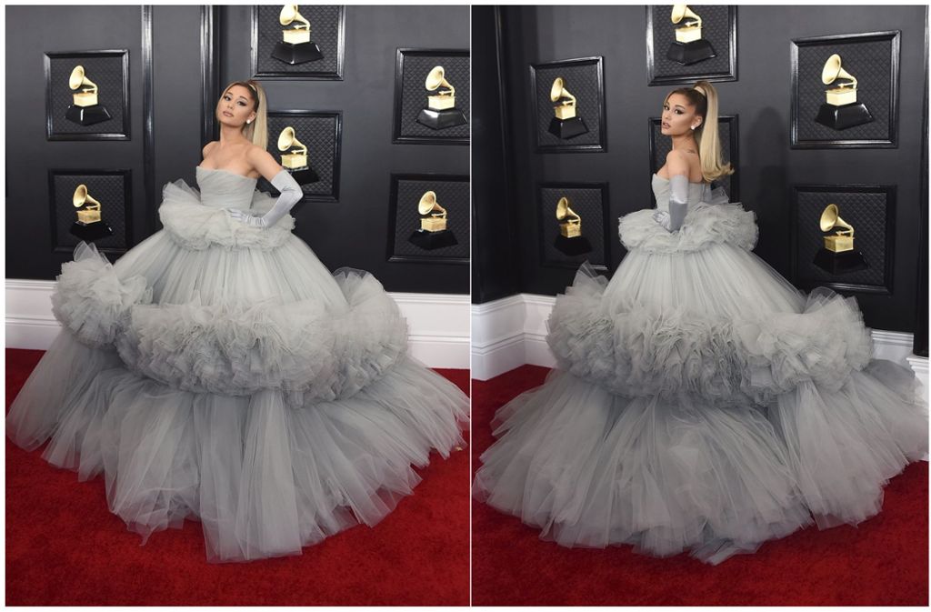 Definitiv eines der spektakuläreren Kleider bei der Verleihung der Grammys – die Sängerin Ariana Grande zog in Haute Couture des italienisch-französischen Labels Schiaparelli sämtliche Blicke auf sich.