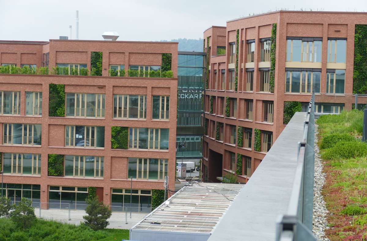 Blick vom Volksbank-Dach auf die beiden Dibag-Gebäude. Dazwischen kann man das neue Sportbad erkennen.