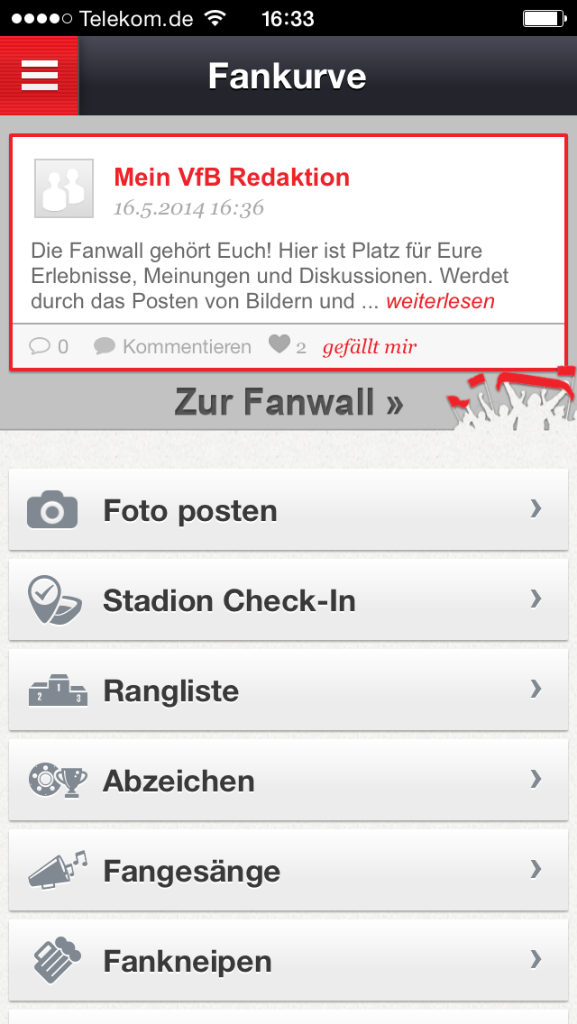 Ganz neu: Kommentieren, posten und liken Sie in der Fanwall der Mein-VfB-App!
