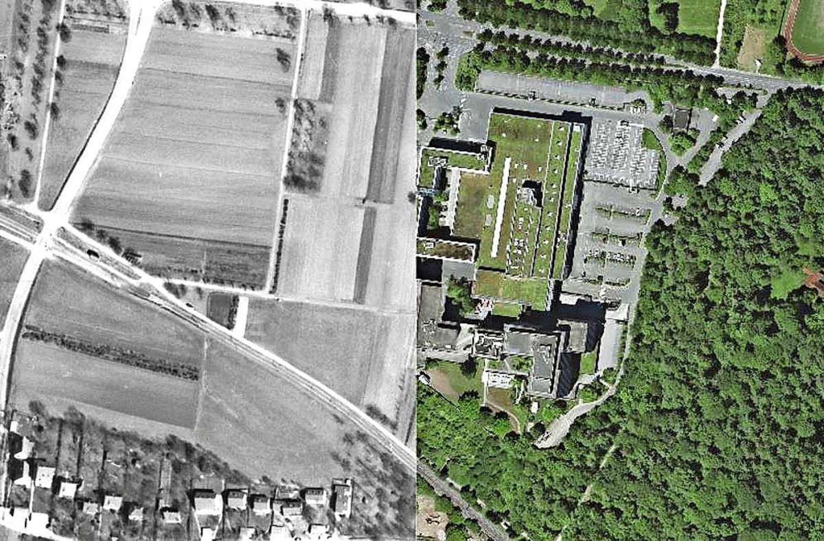 Weil sich auch aktuelle Luftbilder im Online-Angebot finden, kann der Zustand von 1968 mit dem von heute vergleichen – hier zum Beispiel die Gegend des Pressehauses in Stuttgart-Möhringen.