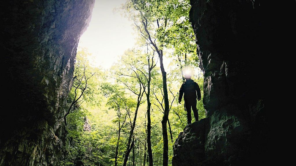  Die Schwäbische Alb ist voller Höhlen, aber nur wenige kann man besuchen. In der Falkensteiner Höhle ist ein Besuch möglich. Das ist allerdings eine sportliche Herausforderung. 