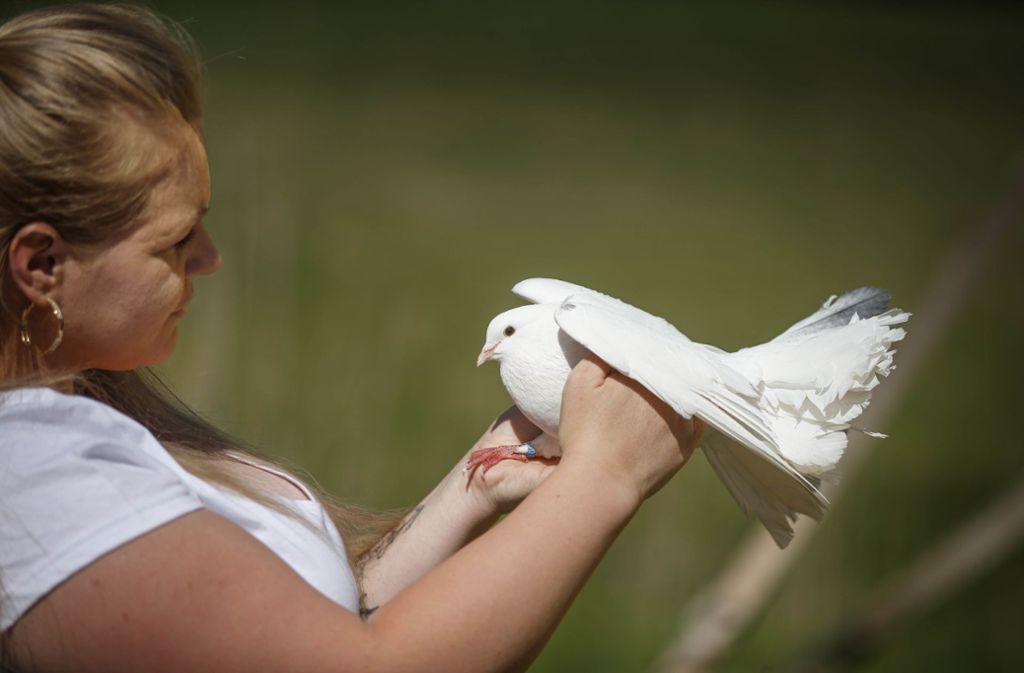 Samantha Köllner und eine ihrer Tauben.