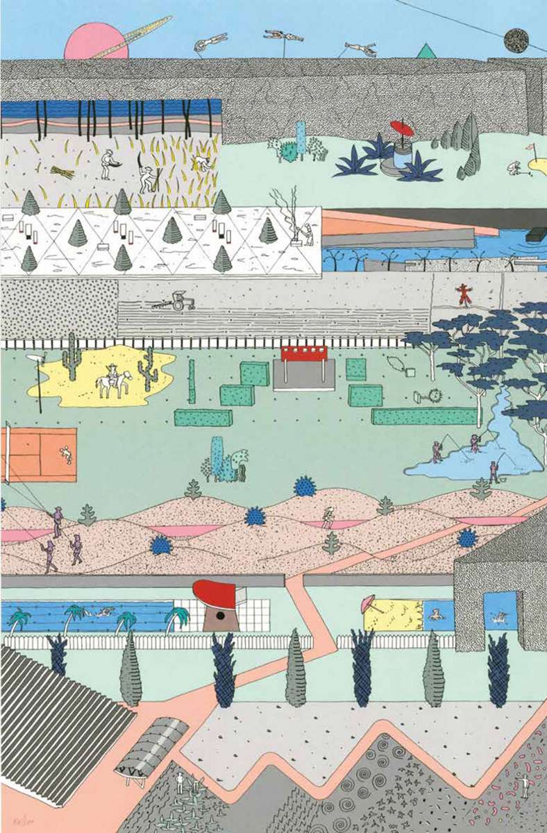 Office for Metropolitan Architecture, Alex Wall: The Pleasure of Architecture, ca. 1984. Die flächige farbige Zeichnung erinnert an perspektivlose japanische Holzschnitte wie auch an naive Zeichnungen.