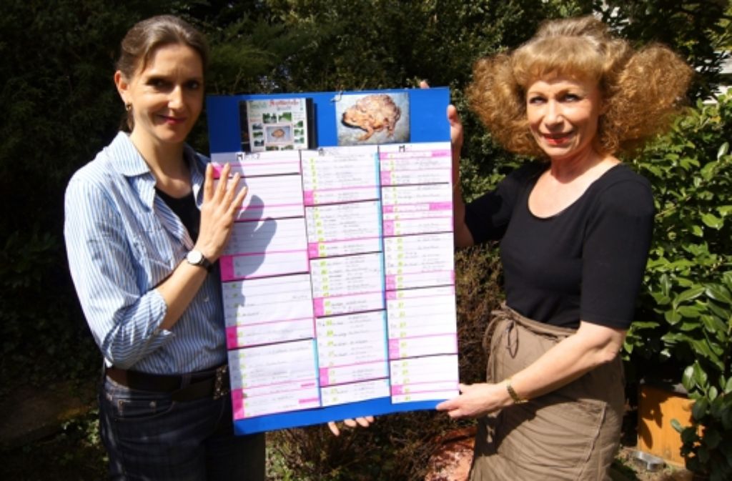 Diane Manns (links) und Iris Achauer haben eigens einen Plan zur Einteilung der Krötenretter erstellt. Foto: Bürkle
