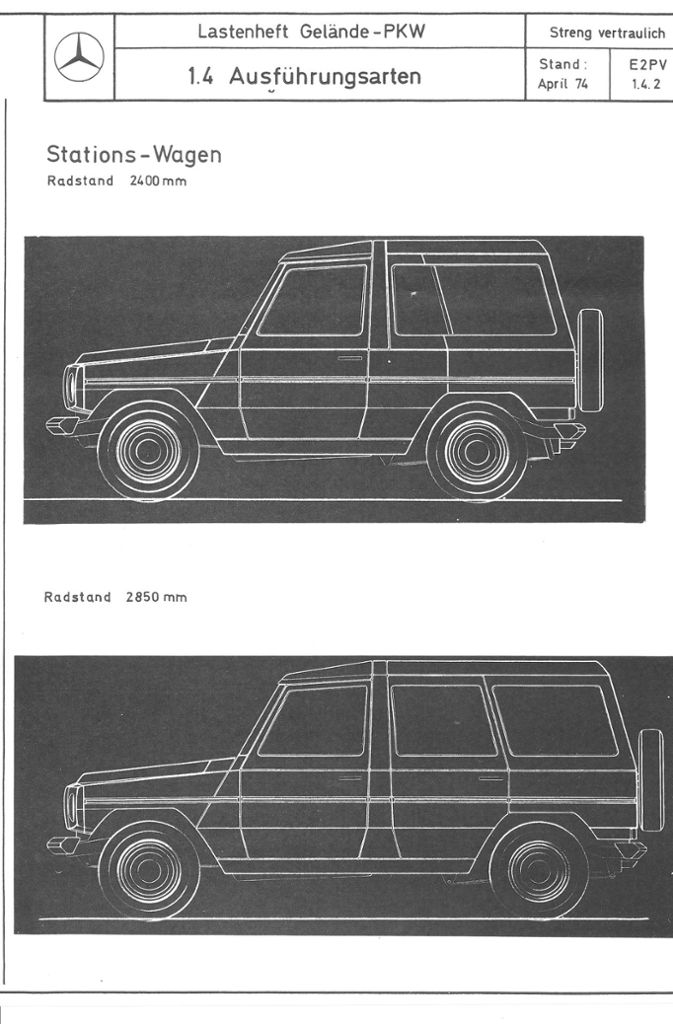 Verschiedene Varianten des G-Modells mit langem und kurzem Radstand aus einem internen Lastenheft 1974.