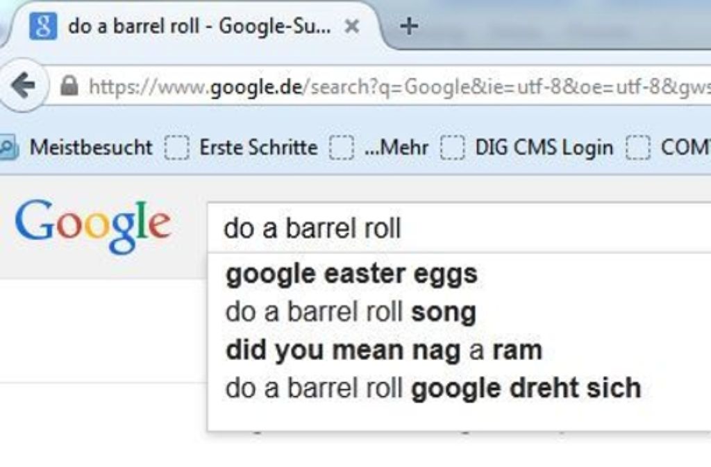 Mit dem Easteregg und dem Befehl „Mache eine Faßrolle“ (engl: „do a barrel roll“) steht die Welt von Google auf dem Kopf.